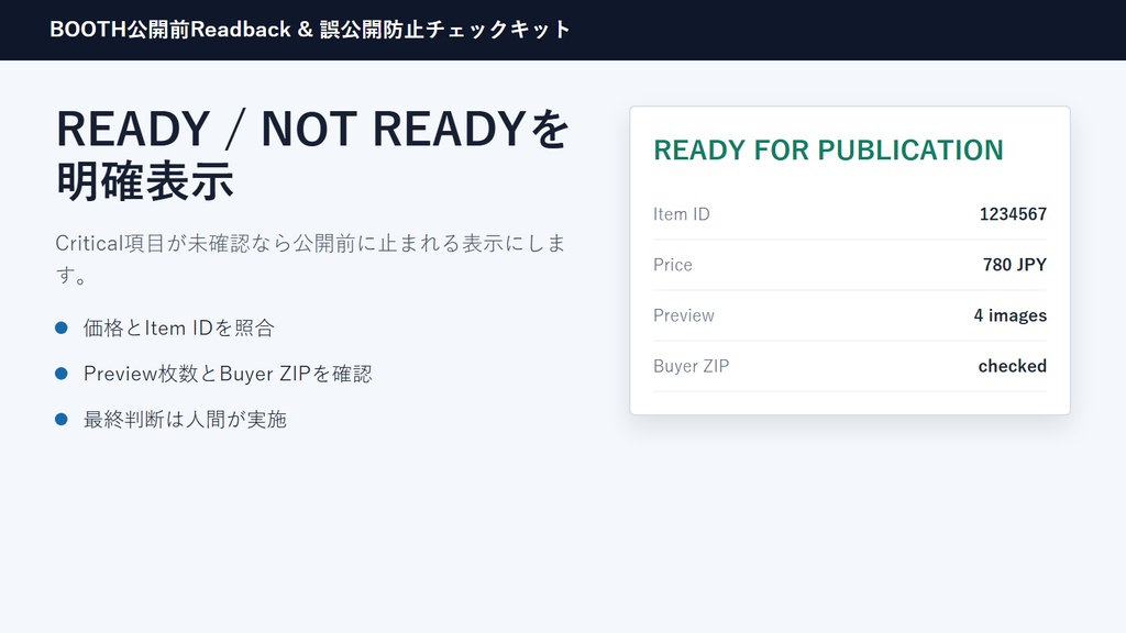BOOTH公開前Readback & 誤公開防止チェックキット