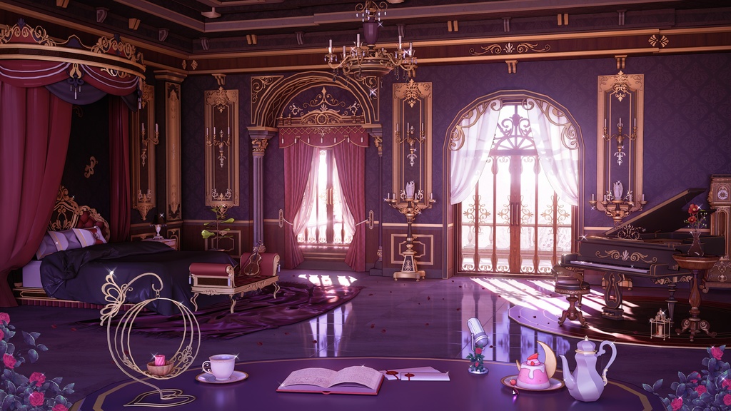 【Vtuber背景】西洋風超ゴージャスな寝室(暗い)