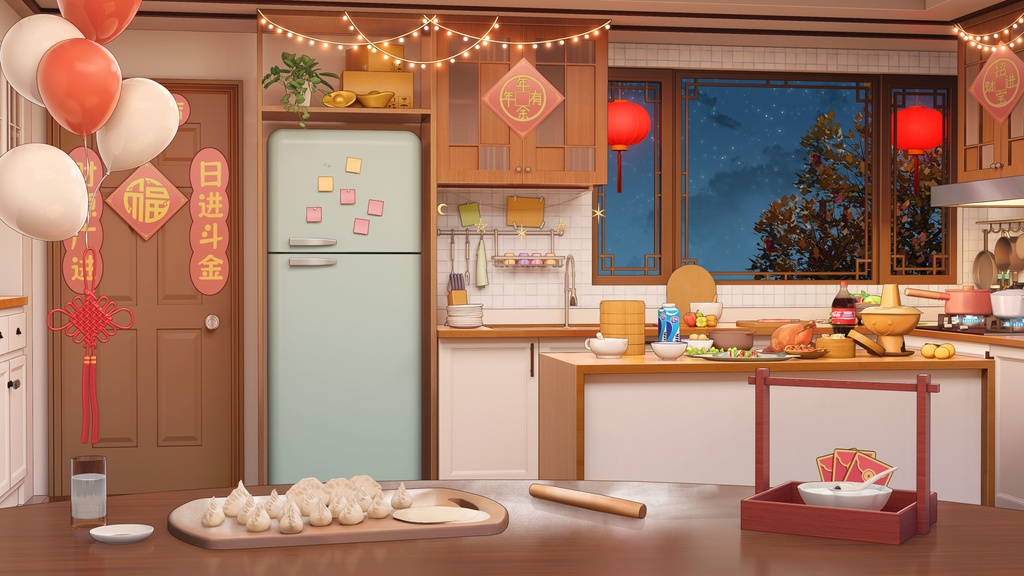 【Vtuber/動く配信背景】中華風新年のキッチン
