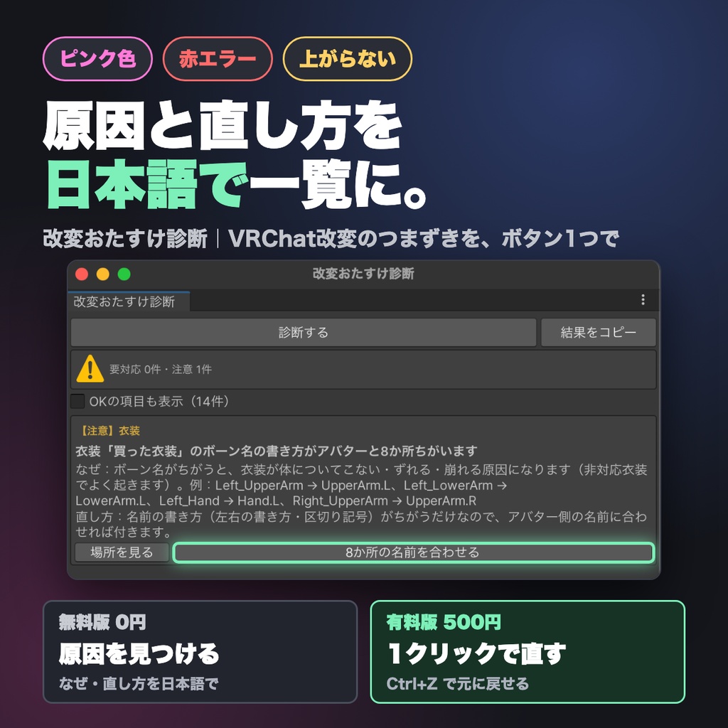 【無料版あり】改変おたすけ診断｜ピンク・赤エラー・Missing Script・アップロード失敗の原因を日本語で【VRChat改変／Mac対応】