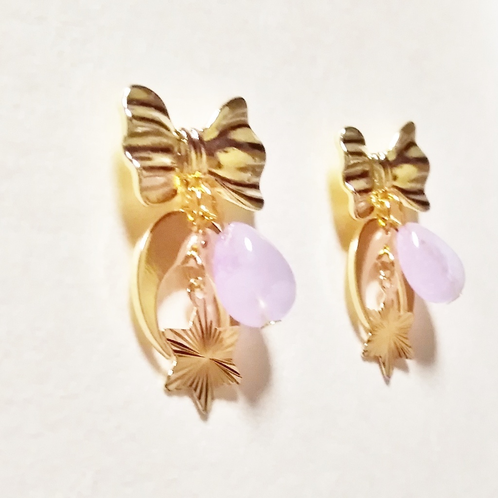 ラベンダーアメジストとリボンとお星さまのピアス
