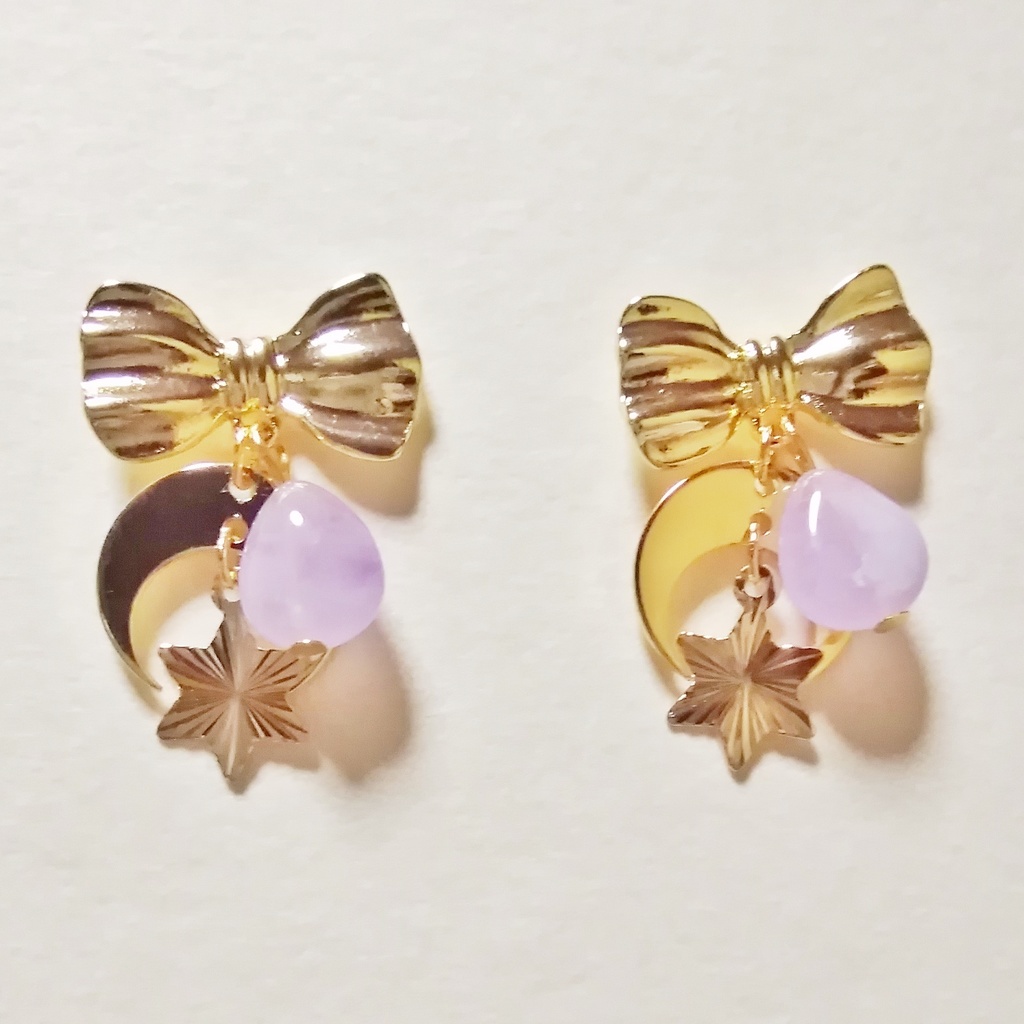 ラベンダーアメジストとリボンとお星さまのピアス