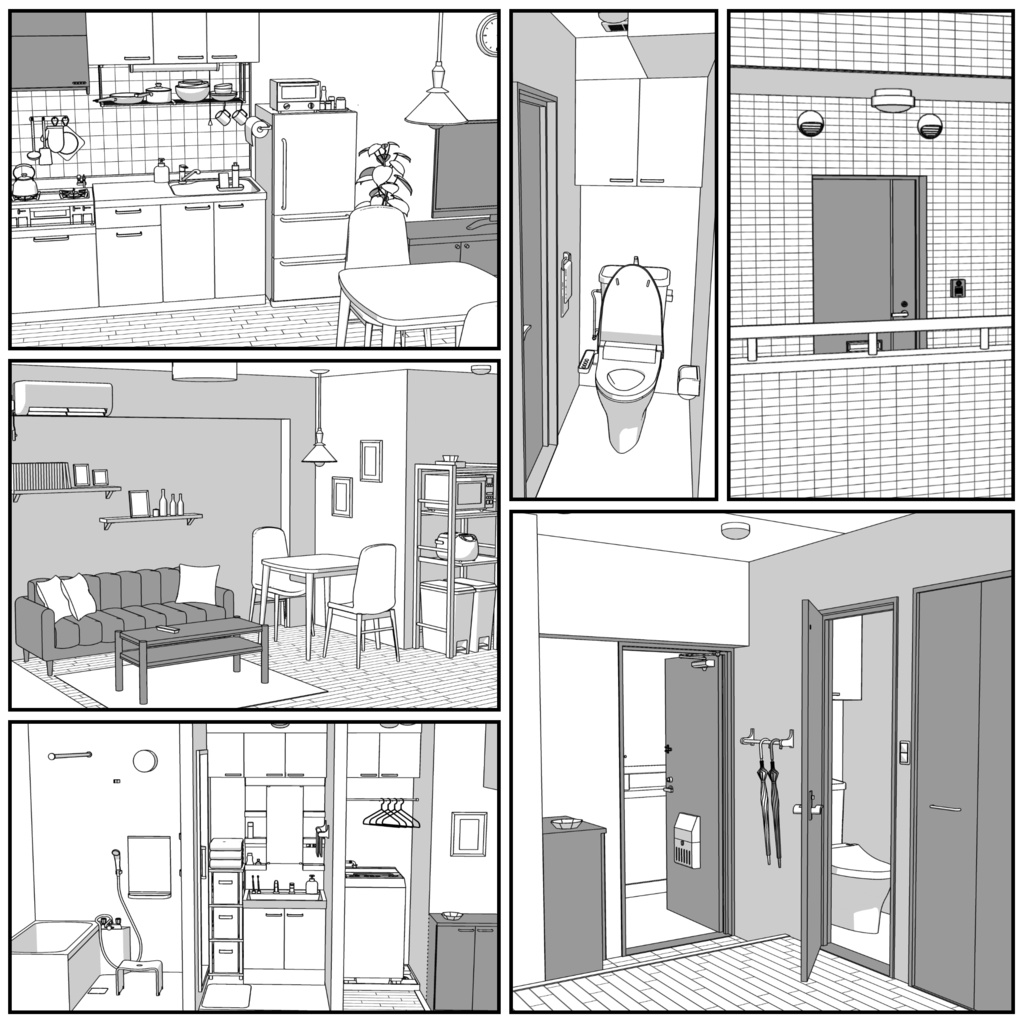 マンション一室 1LDK_10+8畳【クリスタ用素材】