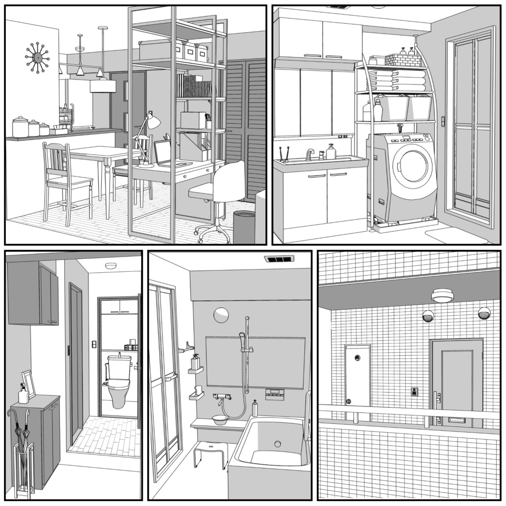 マンション一室 1LDK_16+6畳【クリスタ用素材】