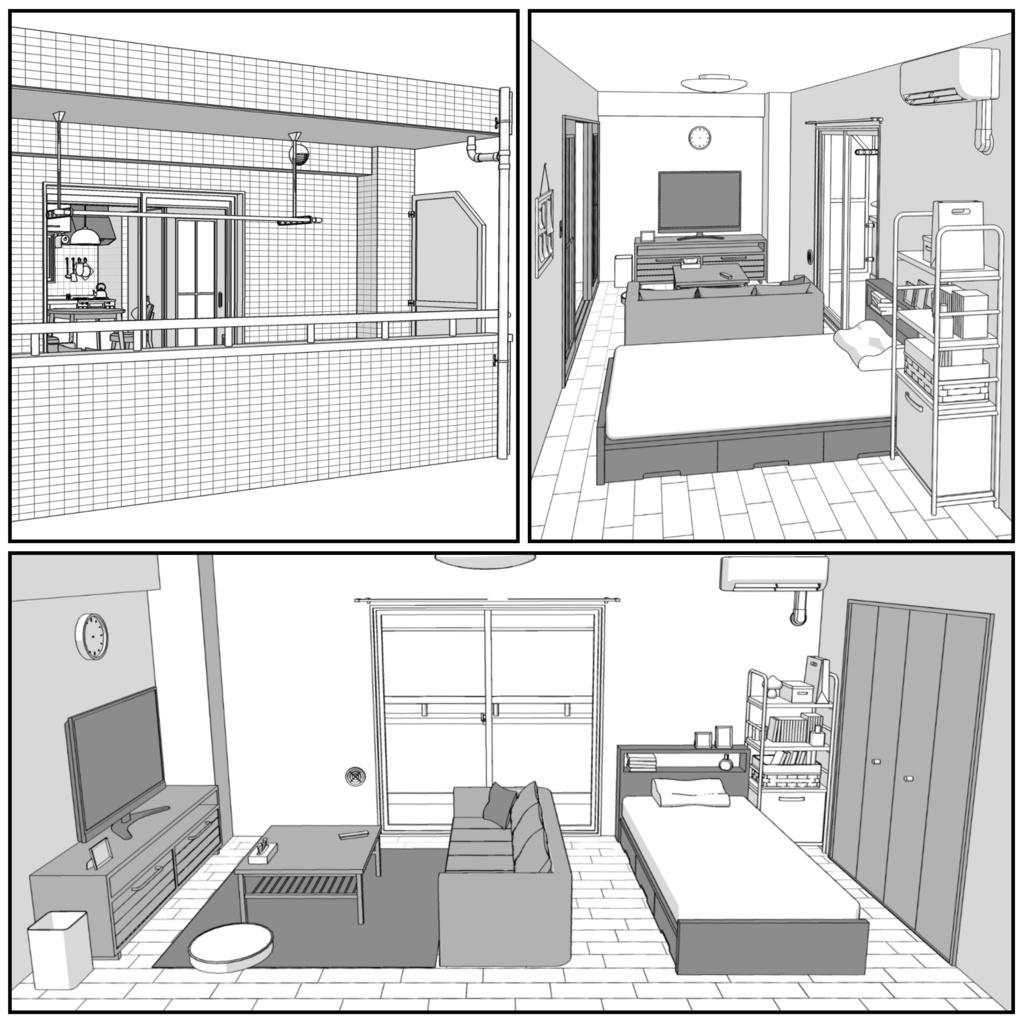 マンション一室 1DK_8+9畳【クリスタ用素材】