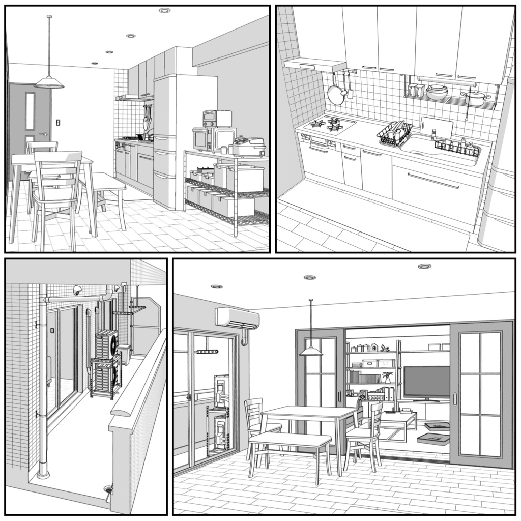 マンション一室 2DK_10.5+10+6畳【クリスタ用素材】