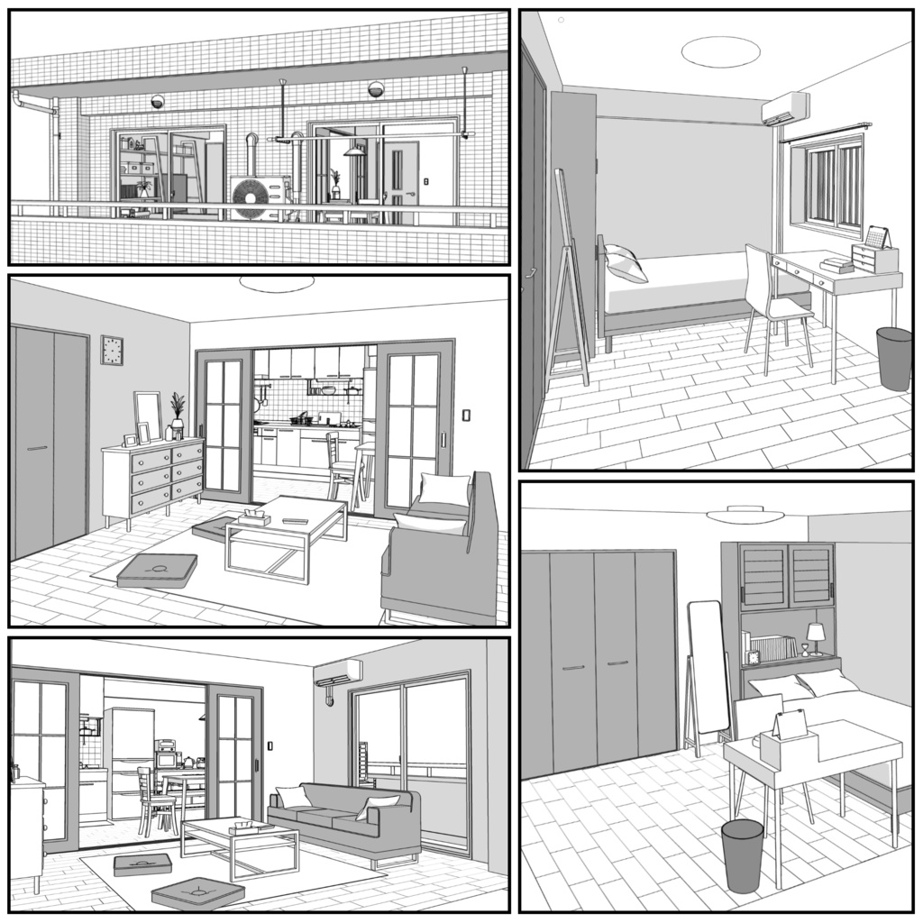 マンション一室 2DK_10.5+10+6畳【クリスタ用素材】