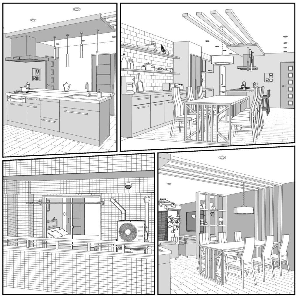 マンション一室 2LDK 27+7+7畳【クリスタ用素材】