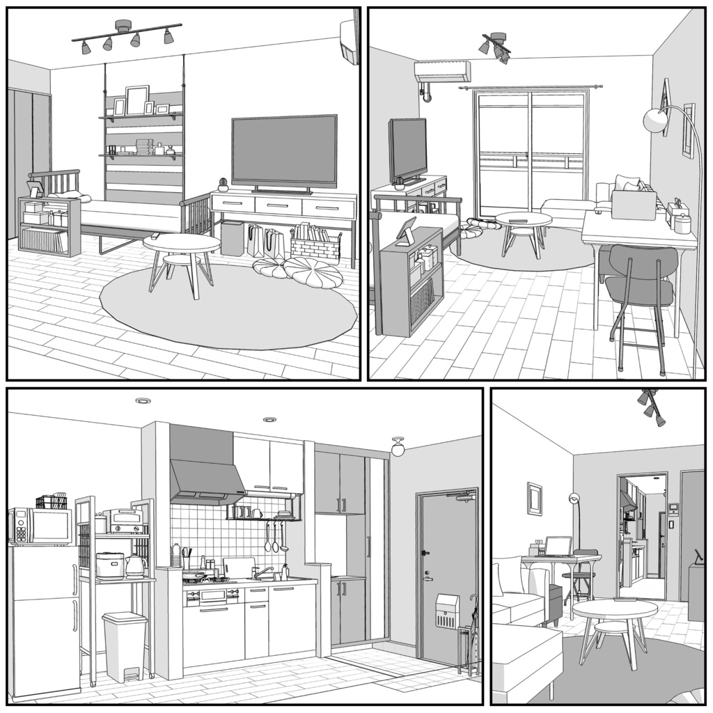 マンション一室 1K 10畳 tyapeB【クリスタ用素材】