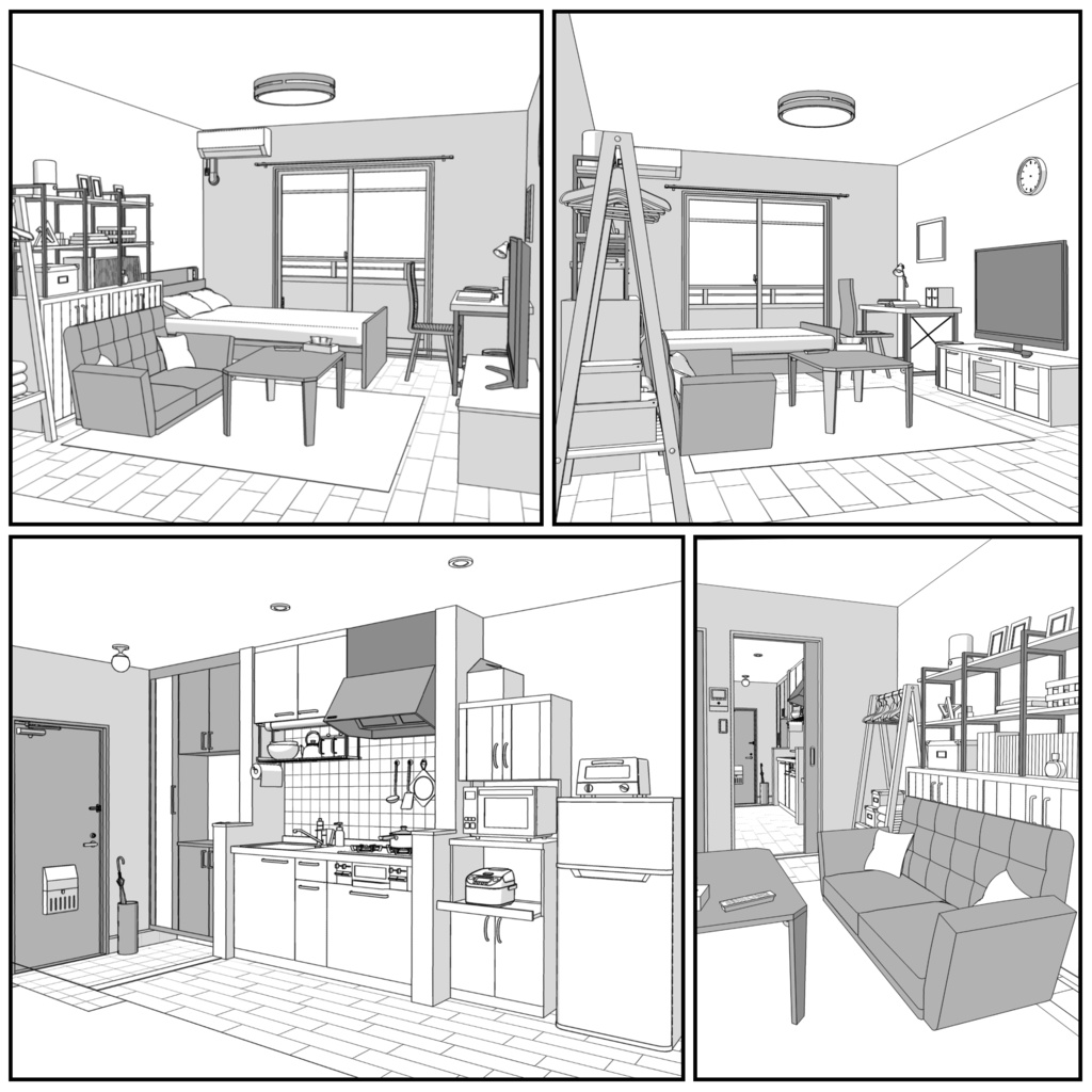マンション一室 1K 10畳 tyapeA【クリスタ用素材】