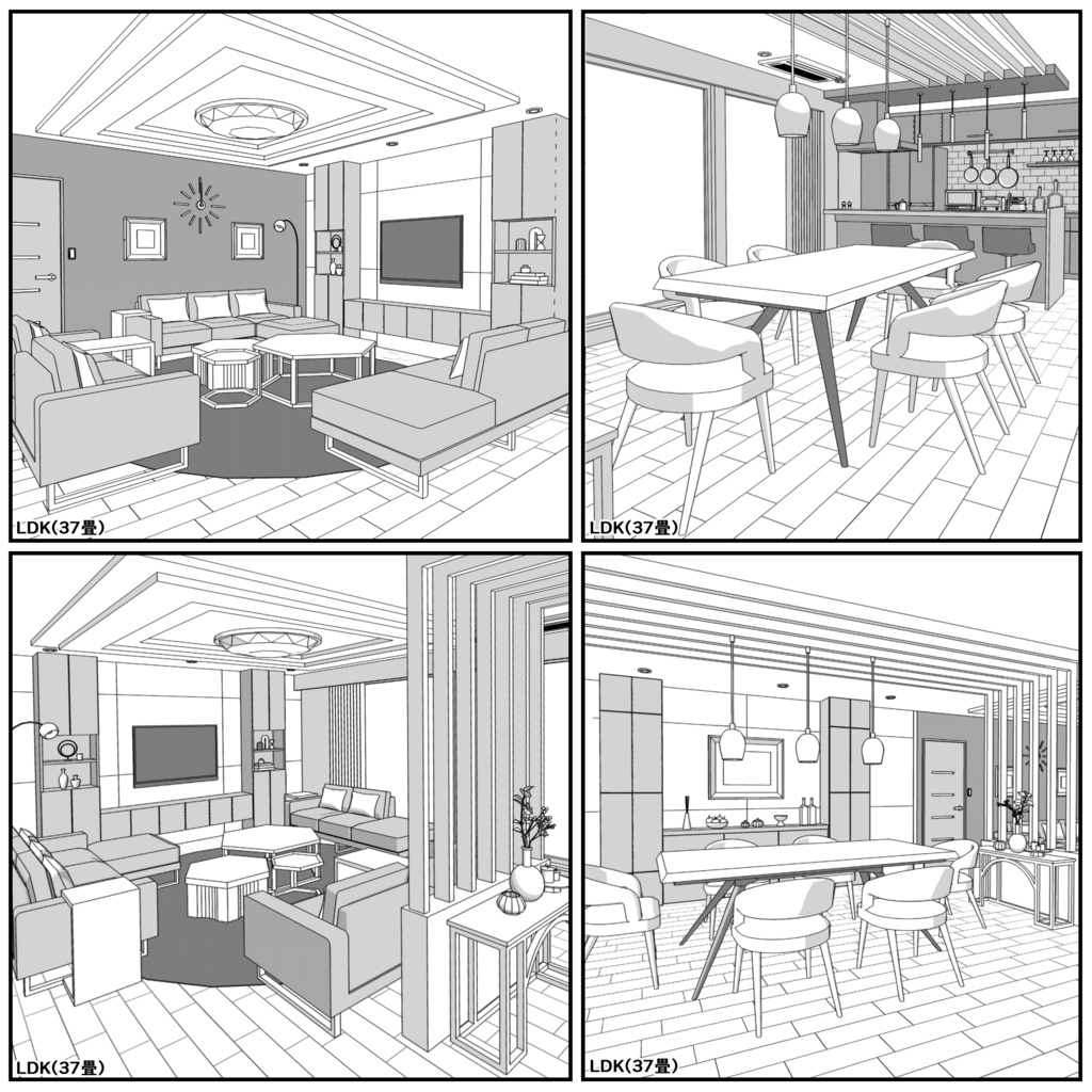マンション一室 4LDK_37畳+4部屋【クリスタ用素材】