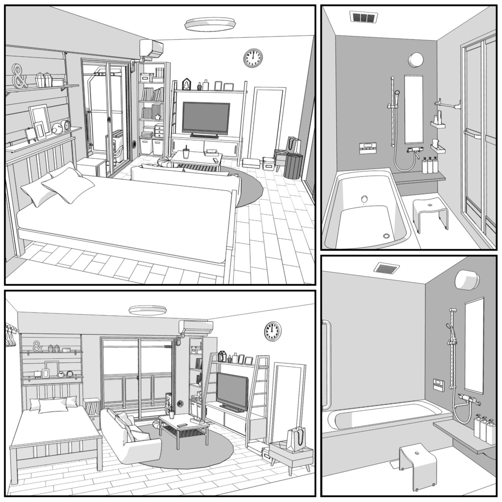 マンション一室 1K 9畳 tyapeA【クリスタ用素材】