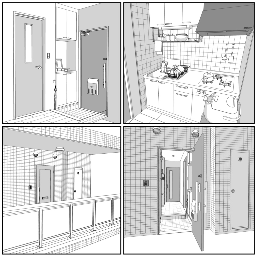 マンション一室 1K 9畳 tyapeA【クリスタ用素材】