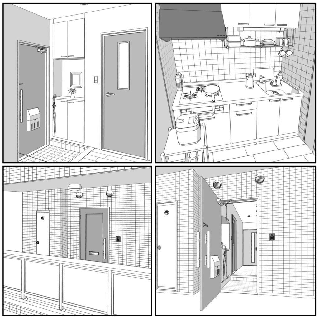 マンション一室 1K 9畳 tyapeB【クリスタ用素材】