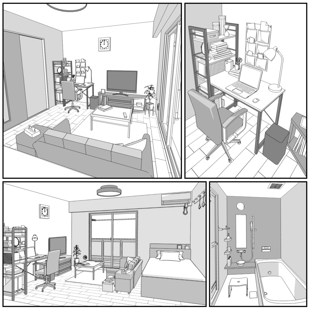 マンション一室 1K 9畳 tyapeB【クリスタ用素材】