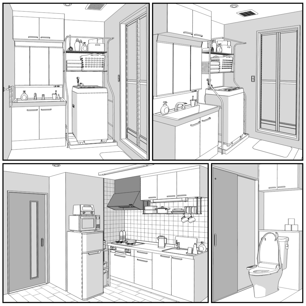 マンション一室 1K 9畳 tyapeB【クリスタ用素材】