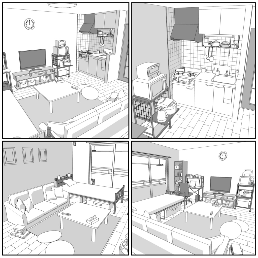 マンション一室 1R 12畳 typeA【クリスタ用素材】