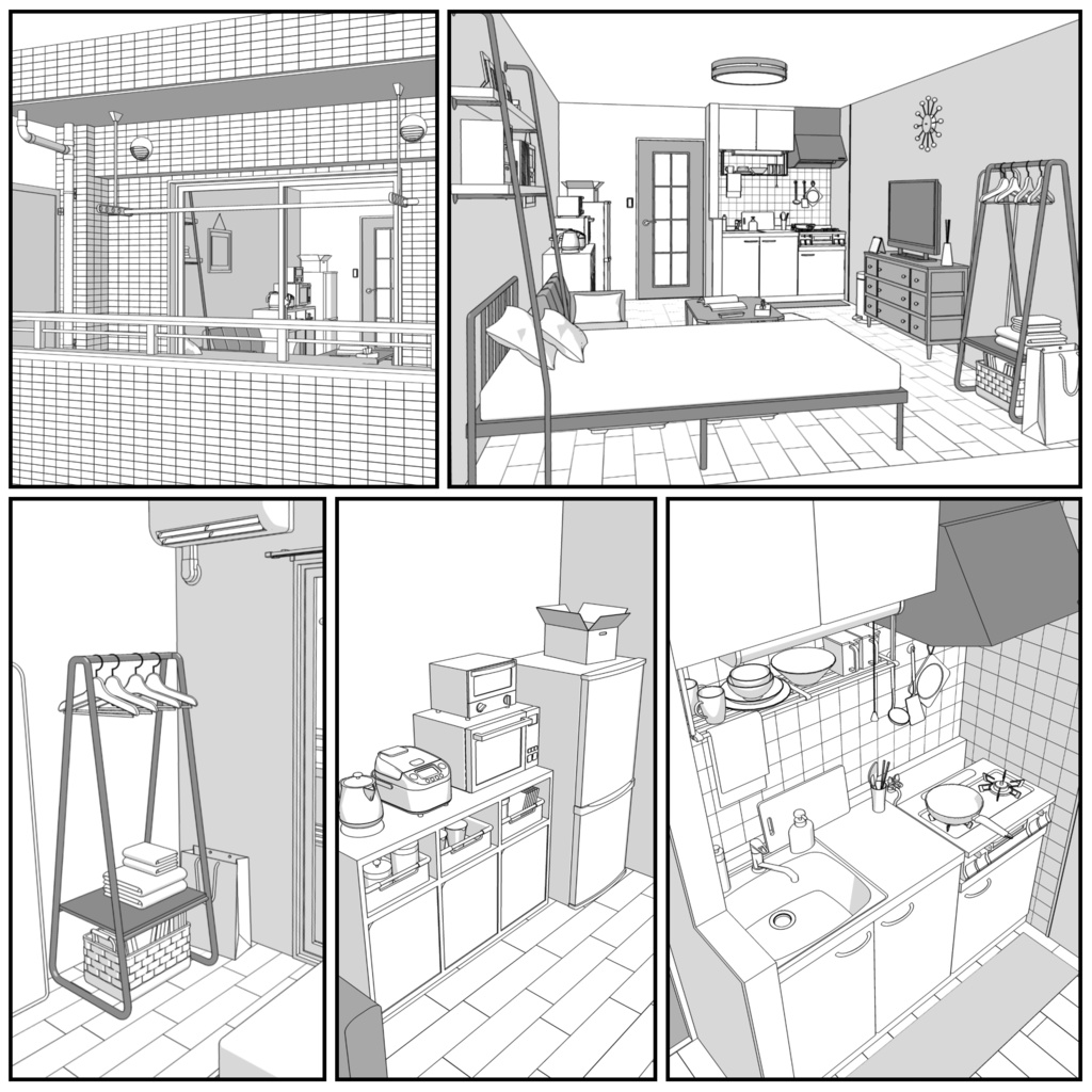 マンション一室 1R 12畳 typeB【クリスタ用素材】