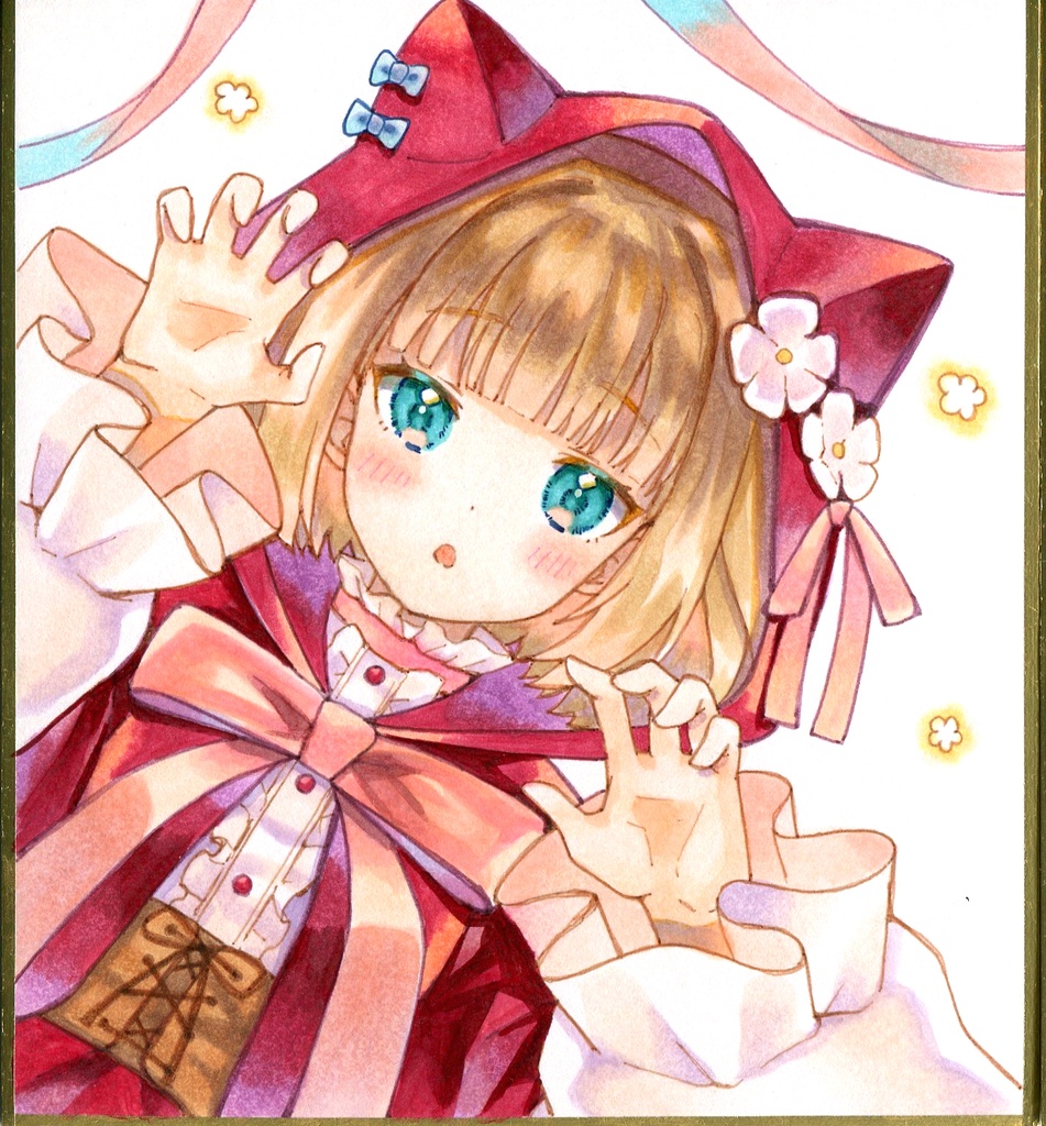 手描きイラスト 原画 ミニ色紙(1/4色紙) アリス/赤ずきん