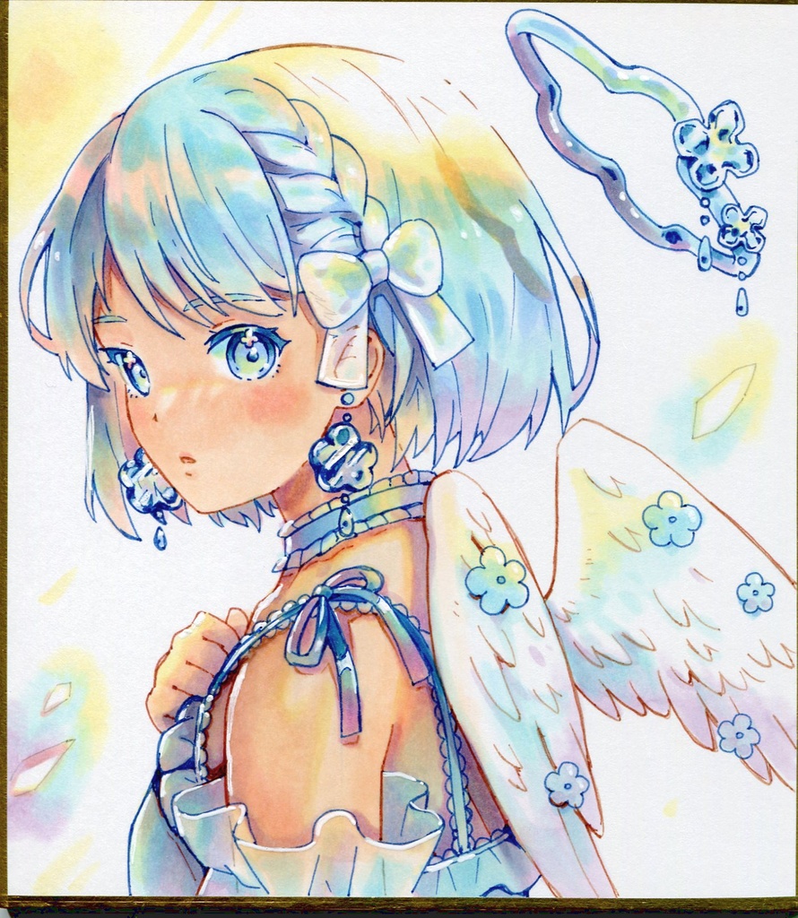 手描きイラスト 原画 ミニ色紙（1/4色紙） 水色天使の子 小桜どろっぷ BOOTH