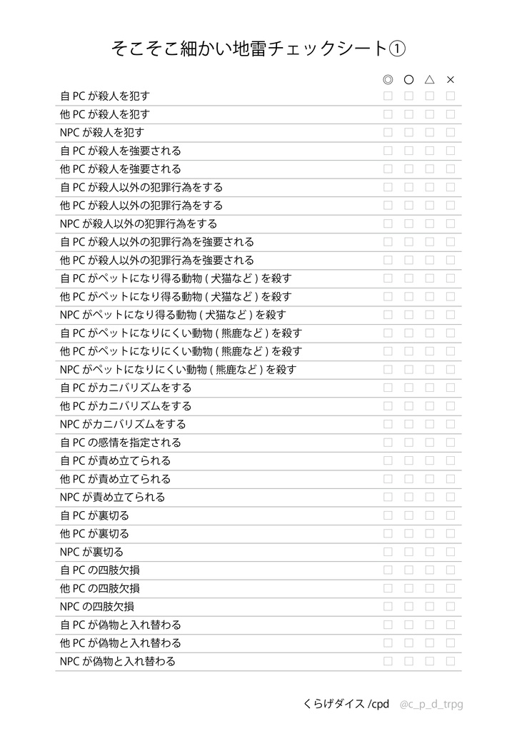 【TRPG】そこそこ細かい地雷チェックシート