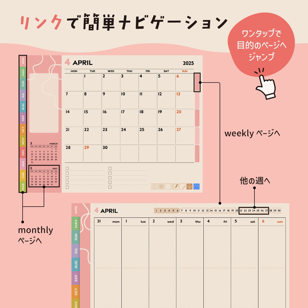 4月始まり|デジタルウィークリープランナー2025|46枚のステッカー付き