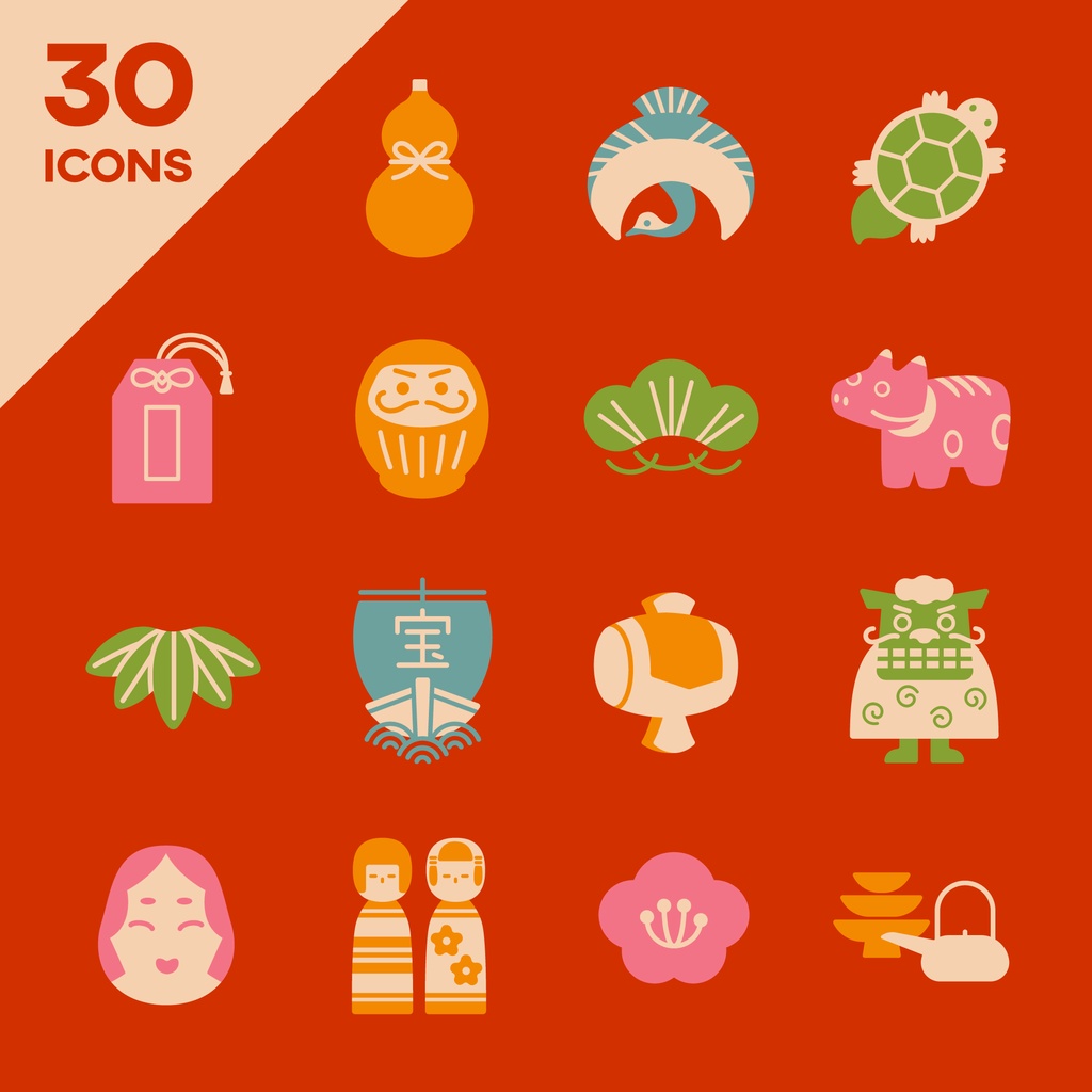 縁起物アイコンセット:パステルカラー【PNG素材/ベクター素材】