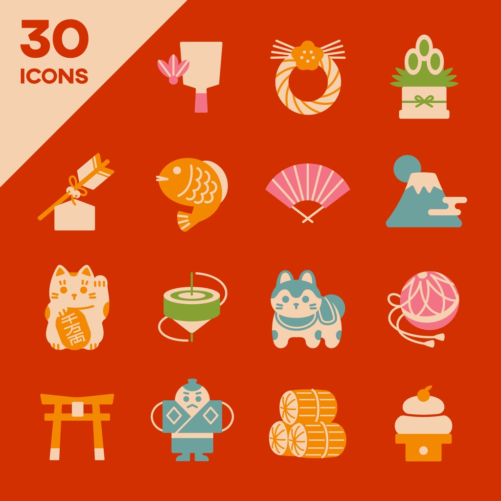 縁起物アイコンセット:パステルカラー【PNG素材/ベクター素材】