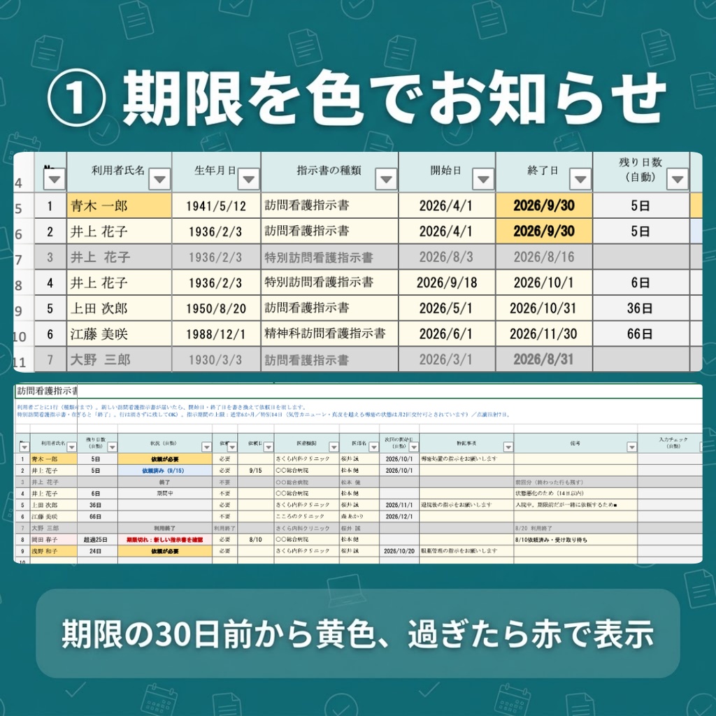 訪問看護指示書 管理表【無料版あり】期限を色でお知らせ・交付依頼状も自動|Excel/スプレッドシート