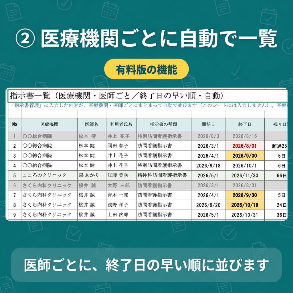 訪問看護指示書 管理表【無料版あり】期限を色でお知らせ・交付依頼状も自動|Excel/スプレッドシート