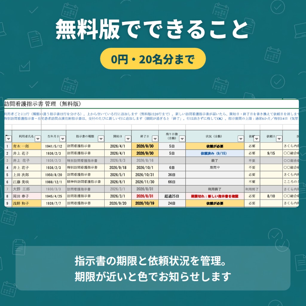 訪問看護指示書 管理表【無料版あり】期限を色でお知らせ・交付依頼状も自動|Excel/スプレッドシート