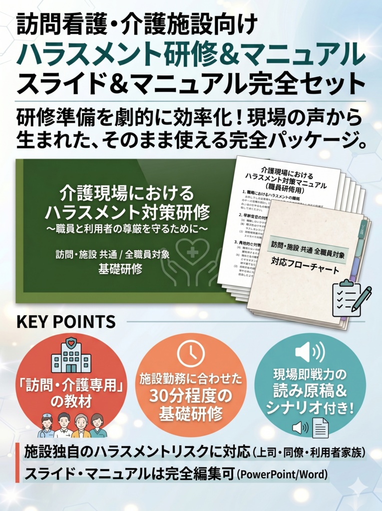 介護現場のハラスメント対策研修セット｜ スライド×マニュアル×読み原稿/カスハラ義務化対応【 訪問・施設共通】