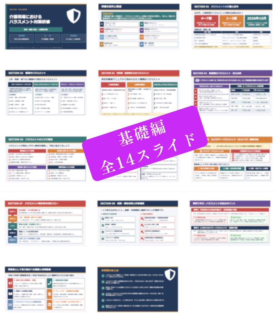 介護現場のハラスメント対策研修 フルパック| 基礎編×管理者向け×実践編 全3種スライド+マニュアル,読み原稿付き