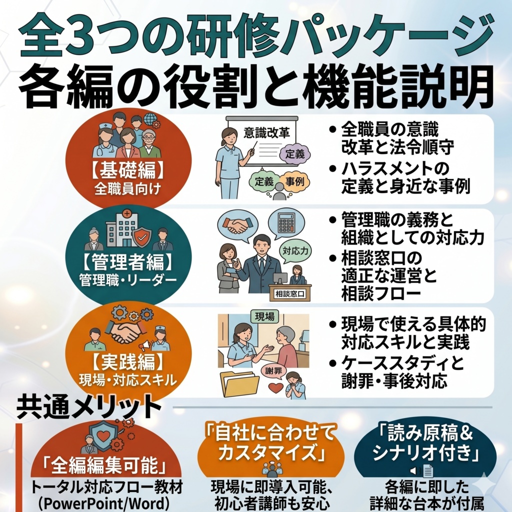 介護現場のハラスメント対策研修 フルパック| 基礎編×管理者向け×実践編 全3種スライド+マニュアル,読み原稿付き