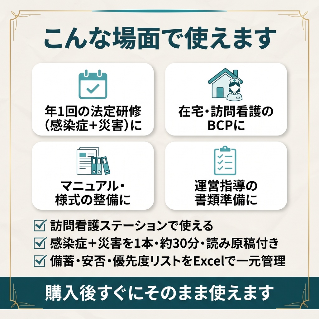 【訪問看護のBCP研修】 感染症BCP×災害BCP 1本完結|スライド+マニュアル+Excel管理シート| 読み原稿付き