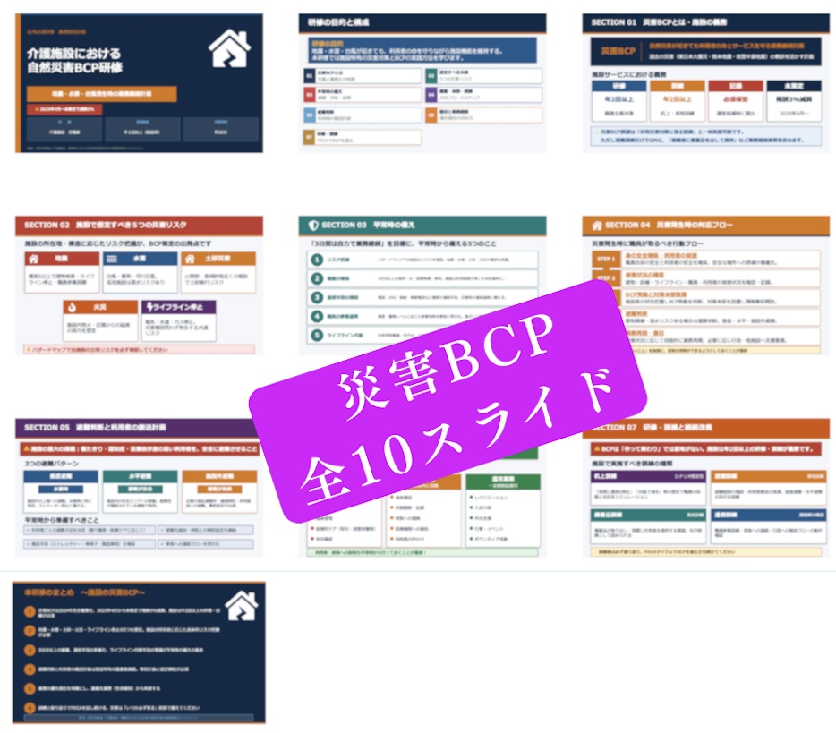 【介護施設のBCP研修 完全セット】 感染症BCP×災害BCP 2本スライド+マニュアル+Excel管理シート| 年2回研修をこれ1つで完結|読み原稿付き