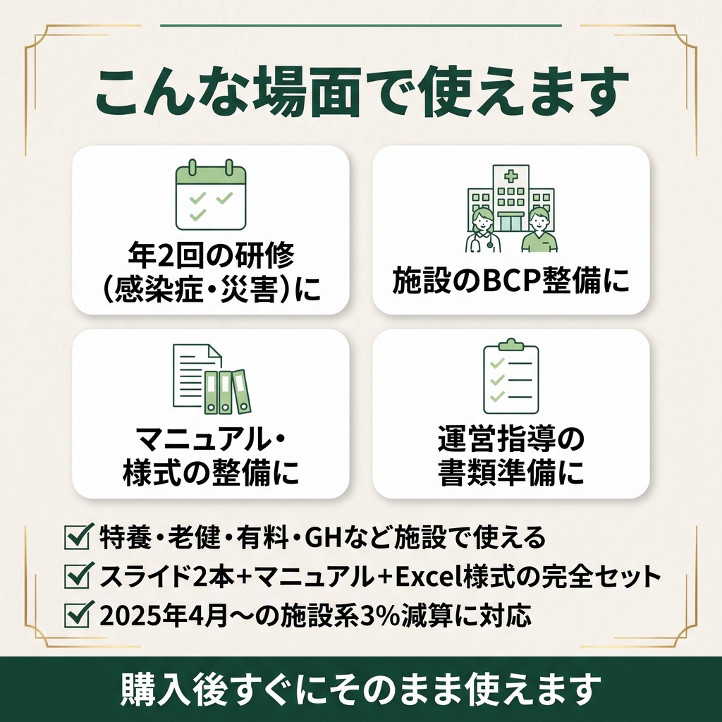 【介護施設のBCP研修 完全セット】 感染症BCP×災害BCP 2本スライド+マニュアル+Excel管理シート| 年2回研修をこれ1つで完結|読み原稿付き