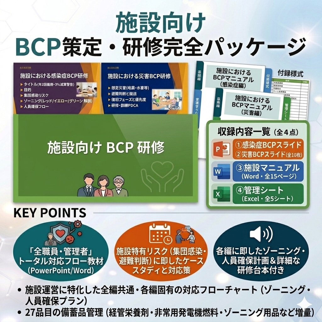 【介護施設のBCP研修 完全セット】 感染症BCP×災害BCP 2本スライド＋マニュアル＋Excel管理シート｜ 年2回研修をこれ1つで完結｜読み原稿付き