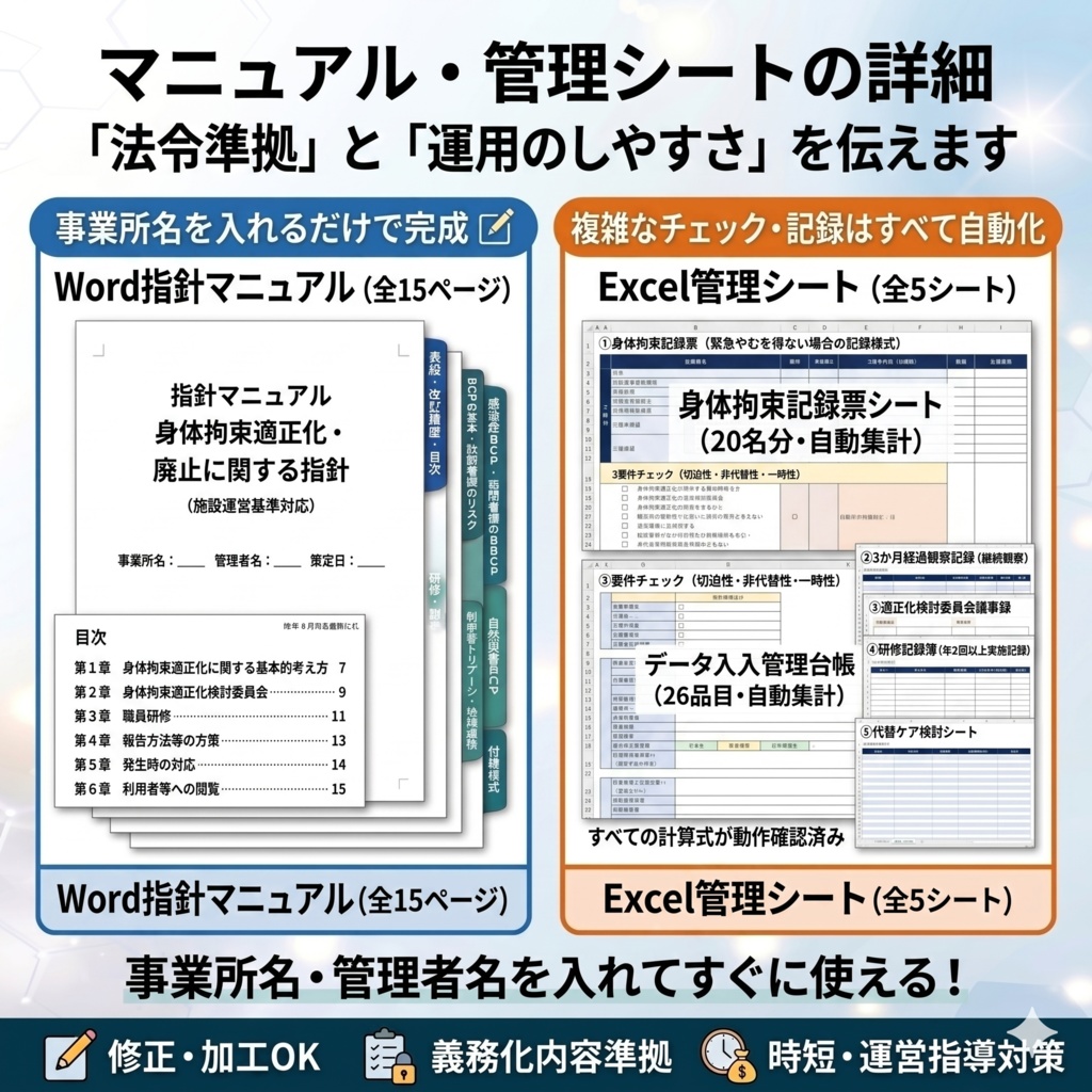 【介護現場の身体拘束適正化研修】スライド×指針マニュアル×記録様式Excel|施設・通所・訪問 共通