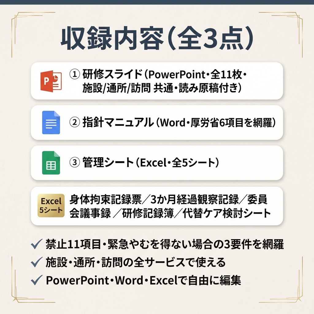 【介護現場の身体拘束適正化研修】スライド×指針マニュアル×記録様式Excel|施設・通所・訪問 共通