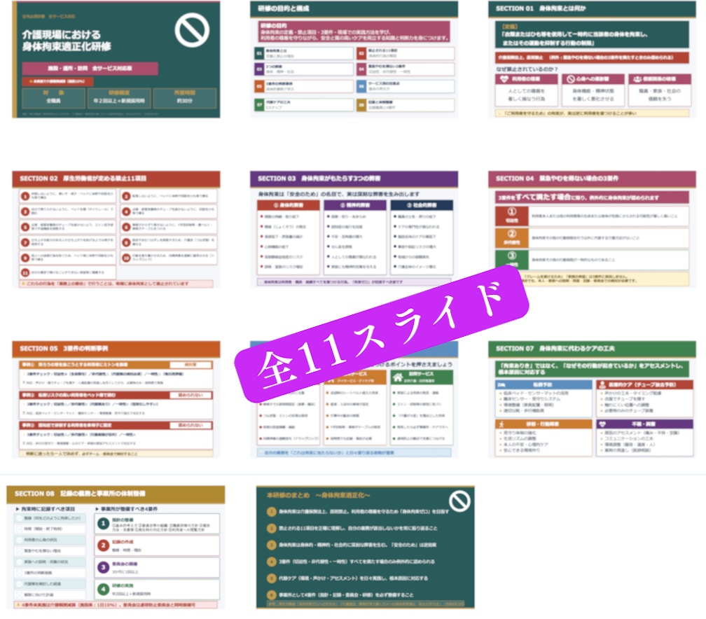 【介護現場の身体拘束適正化研修】スライド×指針マニュアル×記録様式Excel|施設・通所・訪問 共通