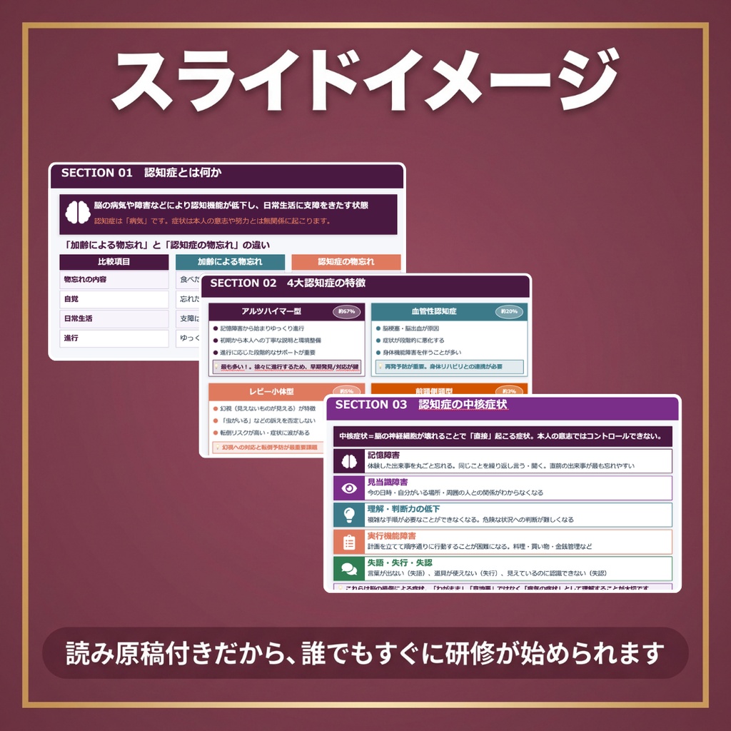 【介護現場の認知症介護基礎研修】 スライド11枚+読み原稿付き|施設・通所・訪問 共通| 4大認知症・BPSD・パーソンセンタードケア・サービス別注意点を完全網羅