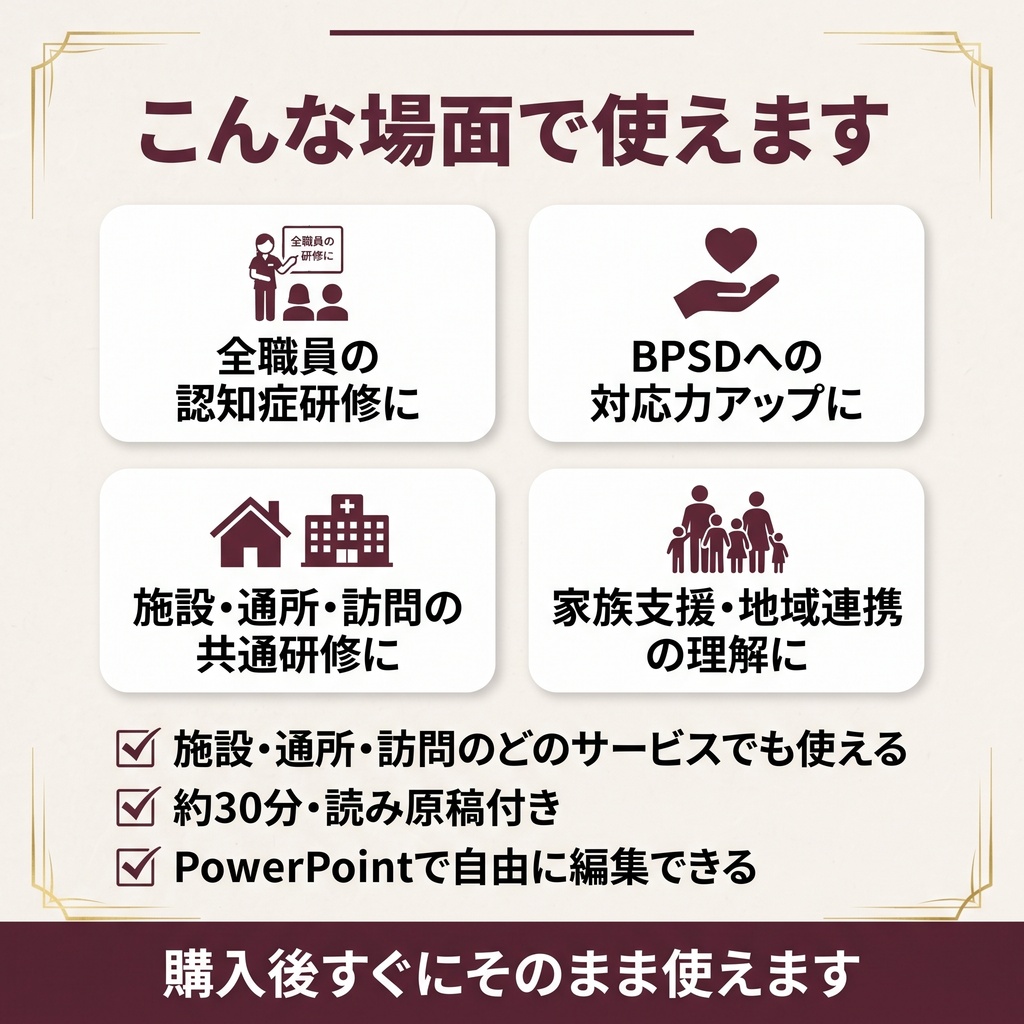 【介護現場の認知症介護基礎研修】 スライド11枚+読み原稿付き|施設・通所・訪問 共通| 4大認知症・BPSD・パーソンセンタードケア・サービス別注意点を完全網羅