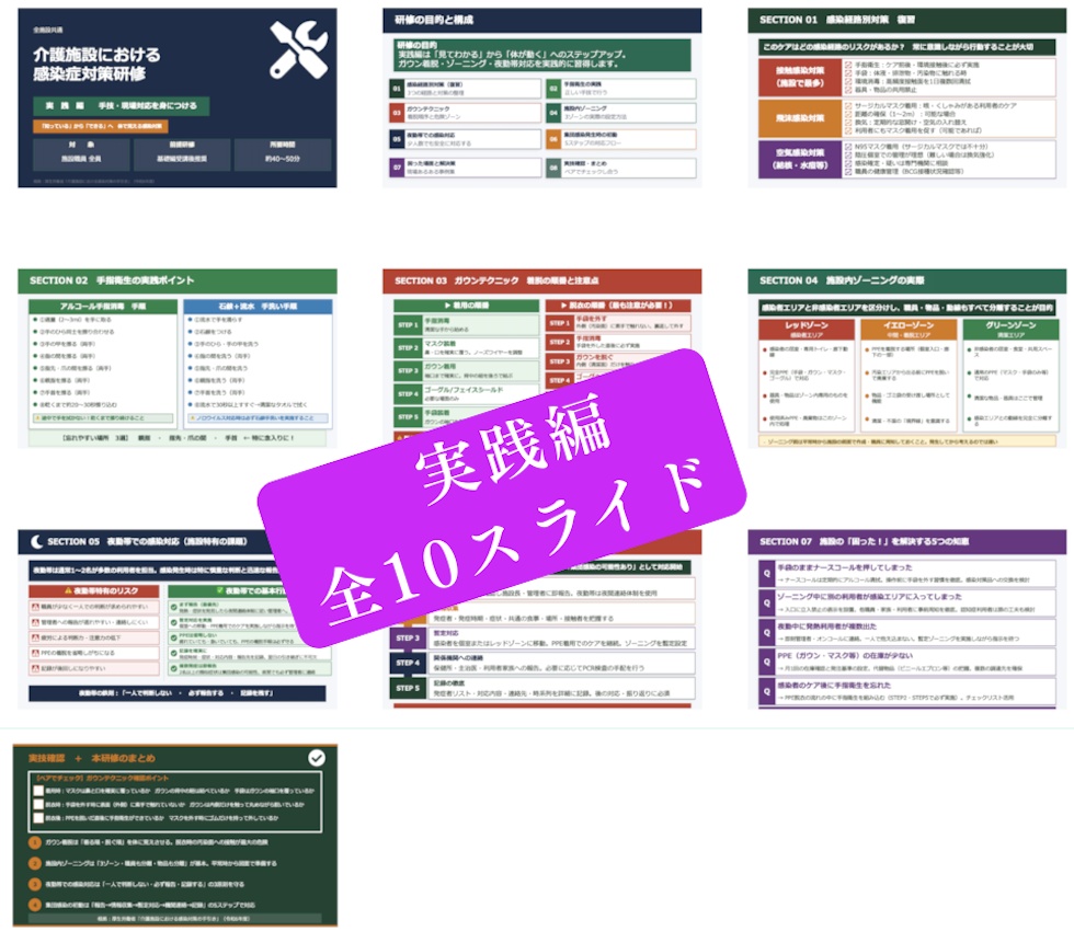 【介護施設の感染症予防研修 完全セット】 基礎編×実践編スライド+マニュアル|年2回研修をこれ1つで完結| 疥癬・MRSA・ゾーニング・夜勤帯対応を完全網羅