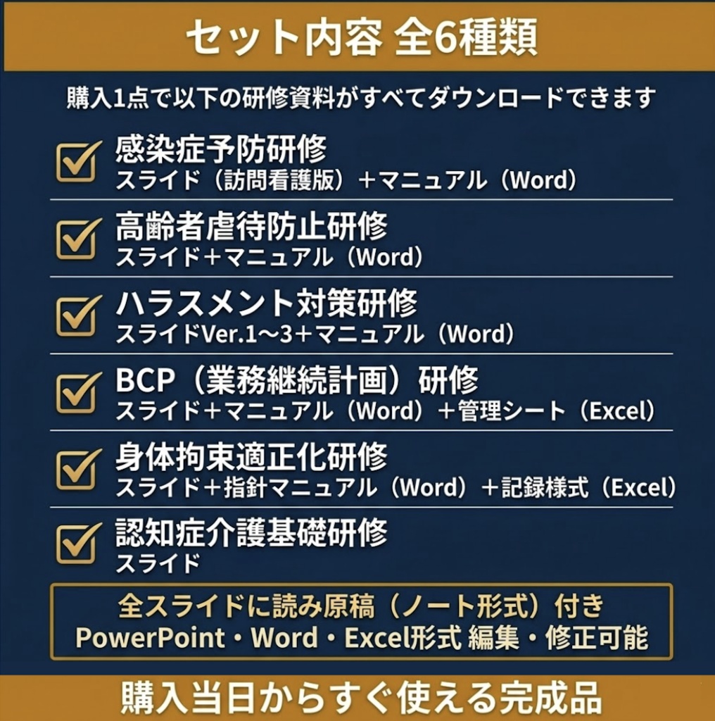 【令和8年度版】訪問看護ステーション 法令必須研修 完全セット| 感染症・虐待防止・ハラスメント・BCP・ 身体拘束・認知症 全6種類| スライド+マニュアル+Excel+読み原稿付き