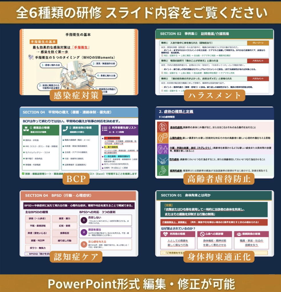 【令和8年度版】訪問看護ステーション 法令必須研修 完全セット| 感染症・虐待防止・ハラスメント・BCP・ 身体拘束・認知症 全6種類| スライド+マニュアル+Excel+読み原稿付き