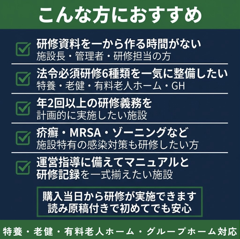 【令和8年度版】介護施設 法令必須研修 完全セット| 感染症・虐待防止・ハラスメント・BCP・ 身体拘束・認知症 全6種類| スライド+マニュアル+Excel+読み原稿付き