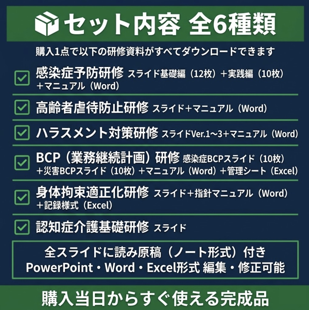 【令和8年度版】介護施設 法令必須研修 完全セット| 感染症・虐待防止・ハラスメント・BCP・ 身体拘束・認知症 全6種類| スライド+マニュアル+Excel+読み原稿付き