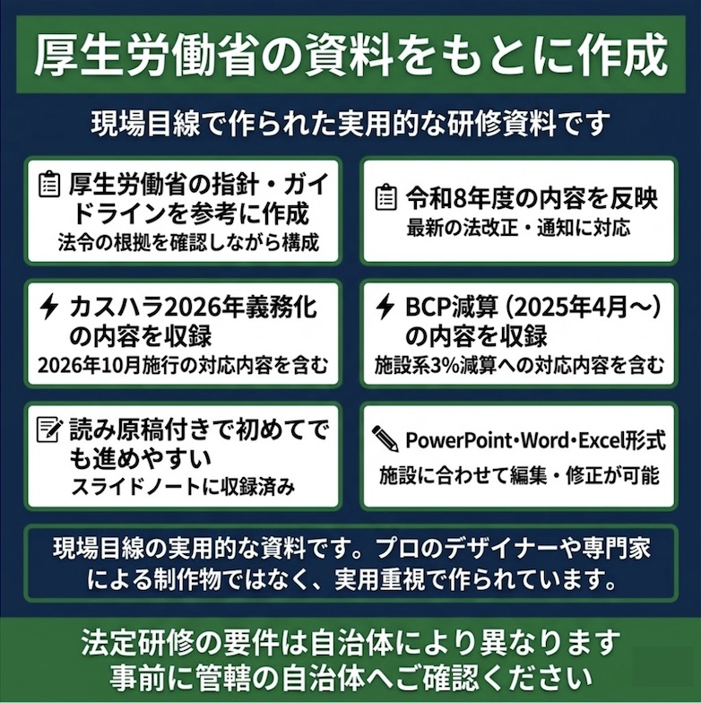 【令和8年度版】介護施設 法令必須研修 完全セット| 感染症・虐待防止・ハラスメント・BCP・ 身体拘束・認知症 全6種類| スライド+マニュアル+Excel+読み原稿付き