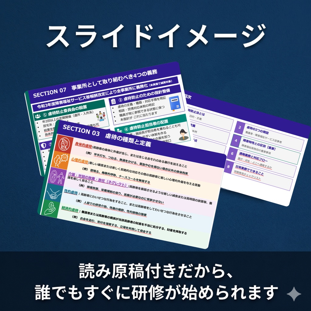 【障害福祉サービス事業所向け】障害者虐待防止研修セット スライド+指針マニュアル|読み原稿付き|チェックリスト・ 研修記録簿付き